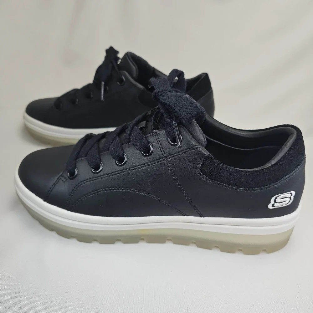 Skechers Black Leather Lace Up Sneakers Thick Midsole Air‎ Cooled Memory Foam